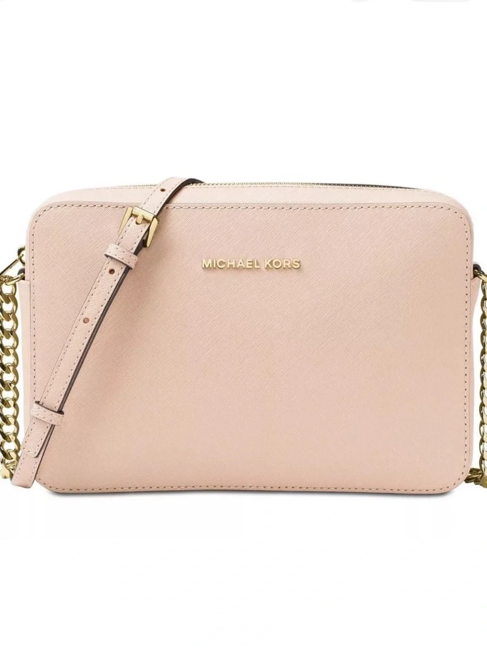 Michael Kors Jet Set Powder Pink Saffiano Crossbody with Gold Chain Detail